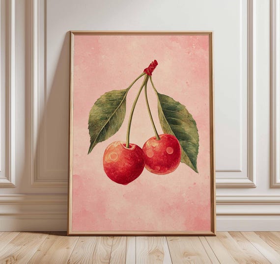 Cherry Wall Art Vintage Botanical Fruit Print Pink Kitchen Decor Retro Poster Unframed