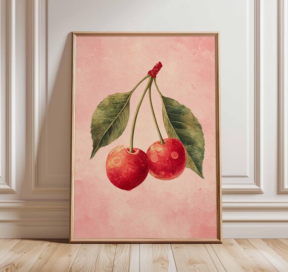Ripe Red Cherries Vintage Botanical Illustration Pink Poster