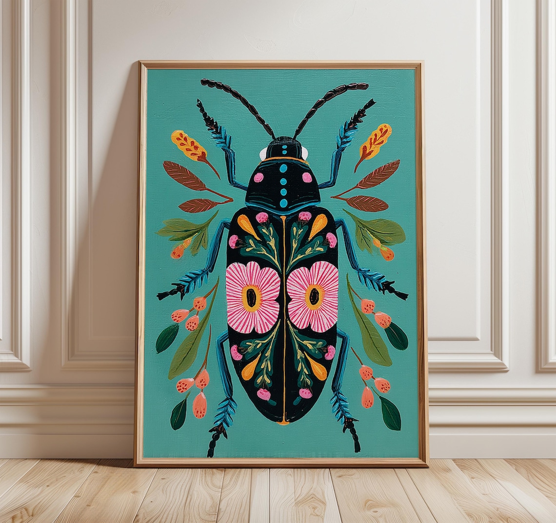 Floral Beetle Folk Insect Poster, Modern Boho Art Print