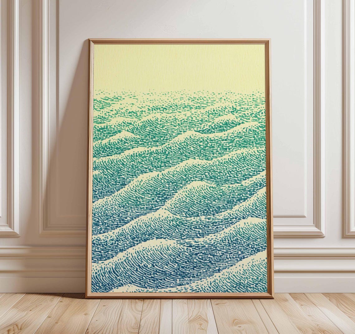 Japanese Style Teal Ocean Waves Poster Minimalist Sea Wave Decor