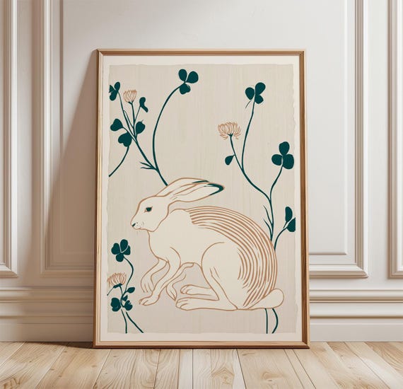 Hare & Clover Poster - Green Linocut Wall Art