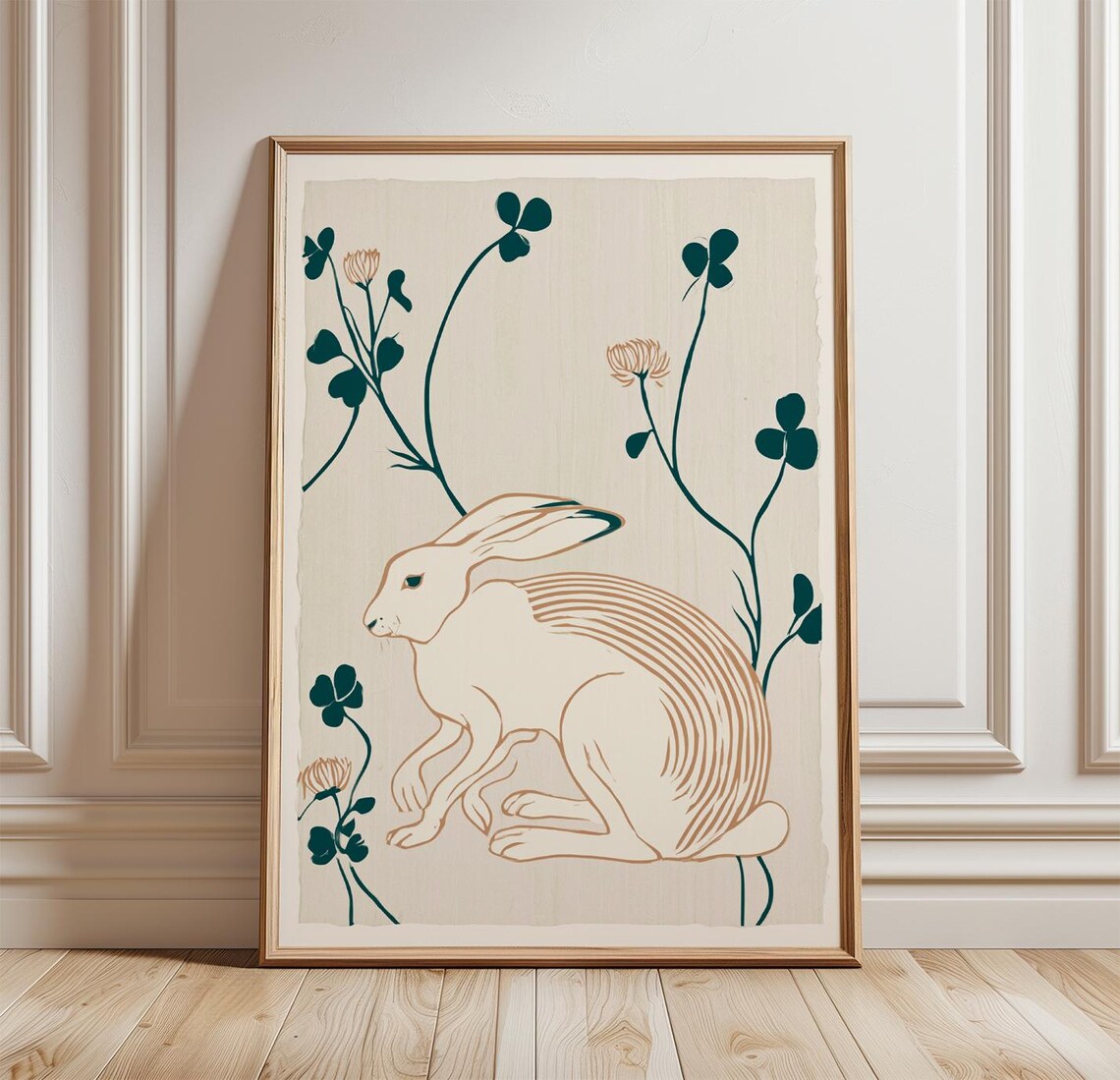 Hare & Clover Poster - Green Linocut Wall Art