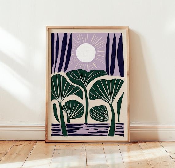 Purple Lotus Leaves Under Sun Green Botanical Cyanotype Poster