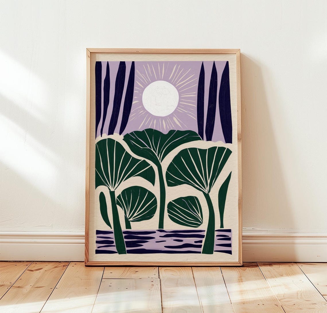 Purple Lotus Leaves Under Sun Green Botanical Cyanotype Poster