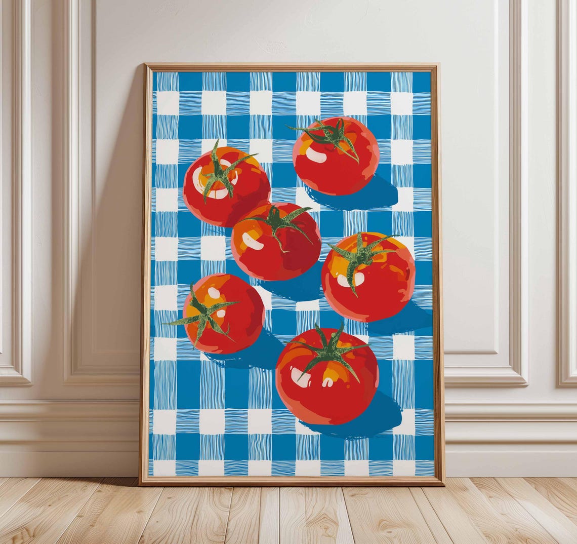 Juicy Red Tomatoes Pop Art Kitchen Poster Over Blue Gingham Cloth