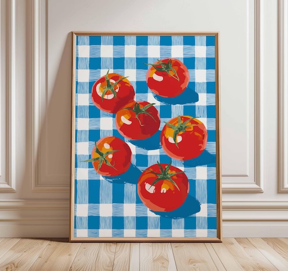 Juicy Red Tomatoes Pop Art Kitchen Poster Over Blue Gingham Cloth
