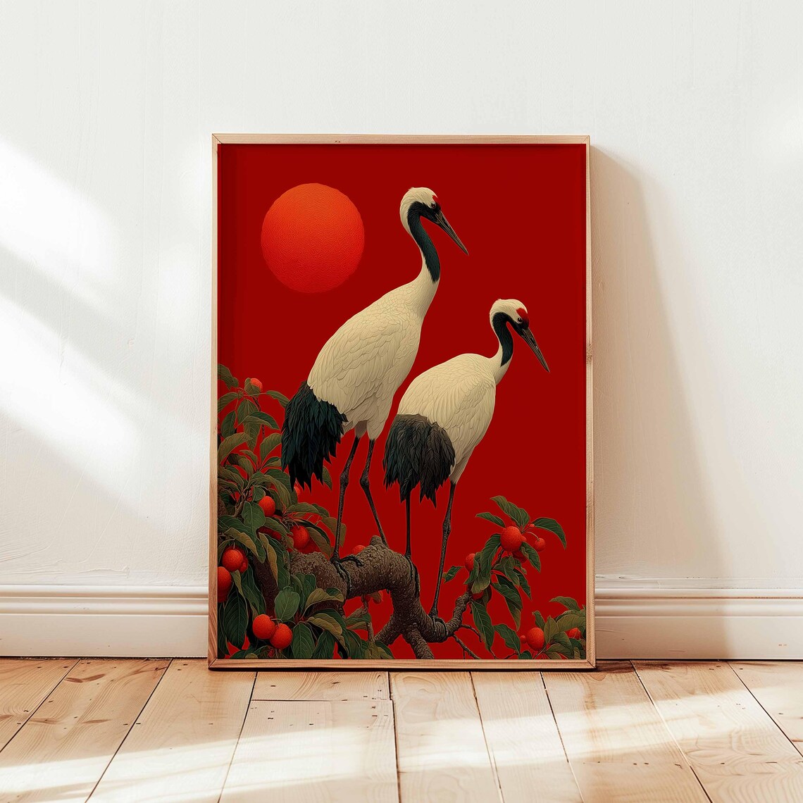 Japanese Cranes Red Sun Persimmon Tree Oriental Nature Style Poster