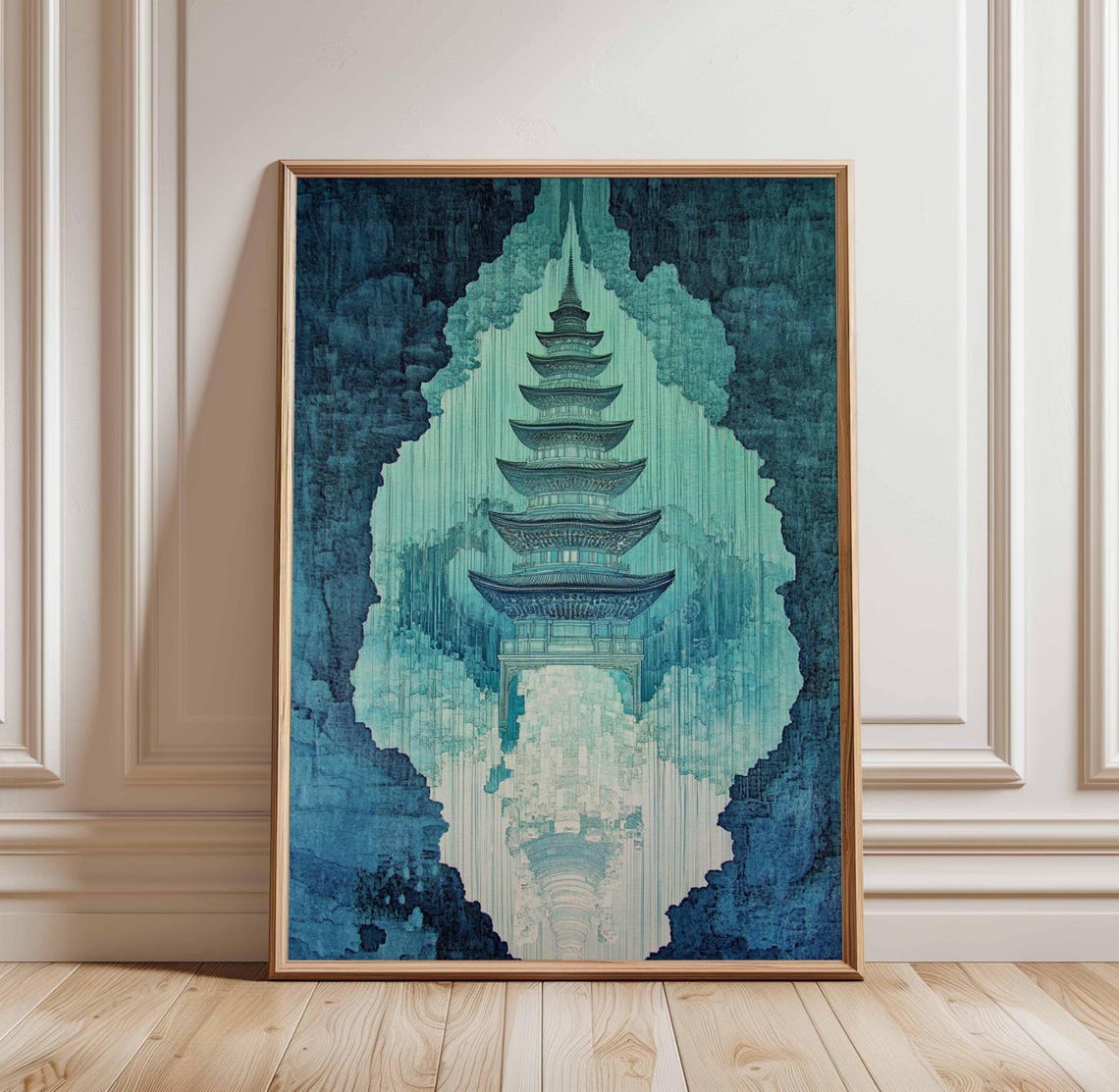 Teal Pagoda Abstract Chinese Temple Architecture Ink Wash Wall Art