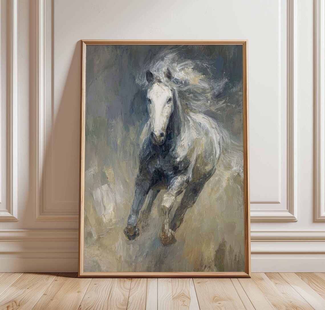 Bold Galloping White Horse Oil Painting Dynamic Equine Art Print