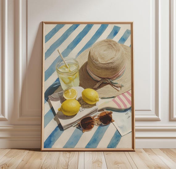 Summer Picnic Poster Lemon Still Life Print Coastal Wall Art