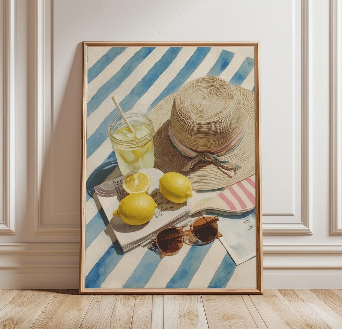 Lemon Still Life Watercolor Straw Hat Sunglasses Summer Picnic Poster