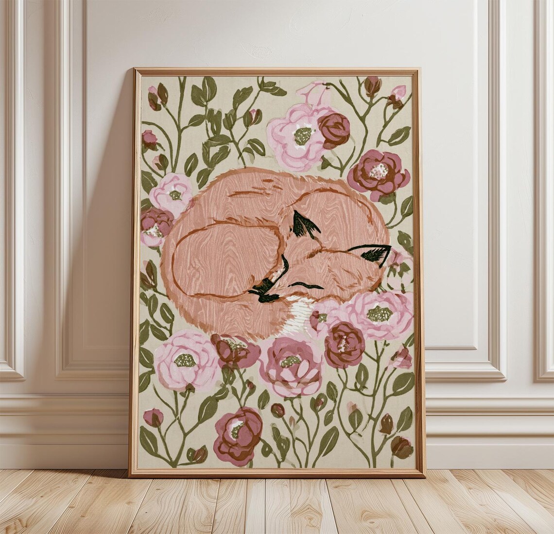 Sleeping Fox Poster, Woodland Floral Art Print