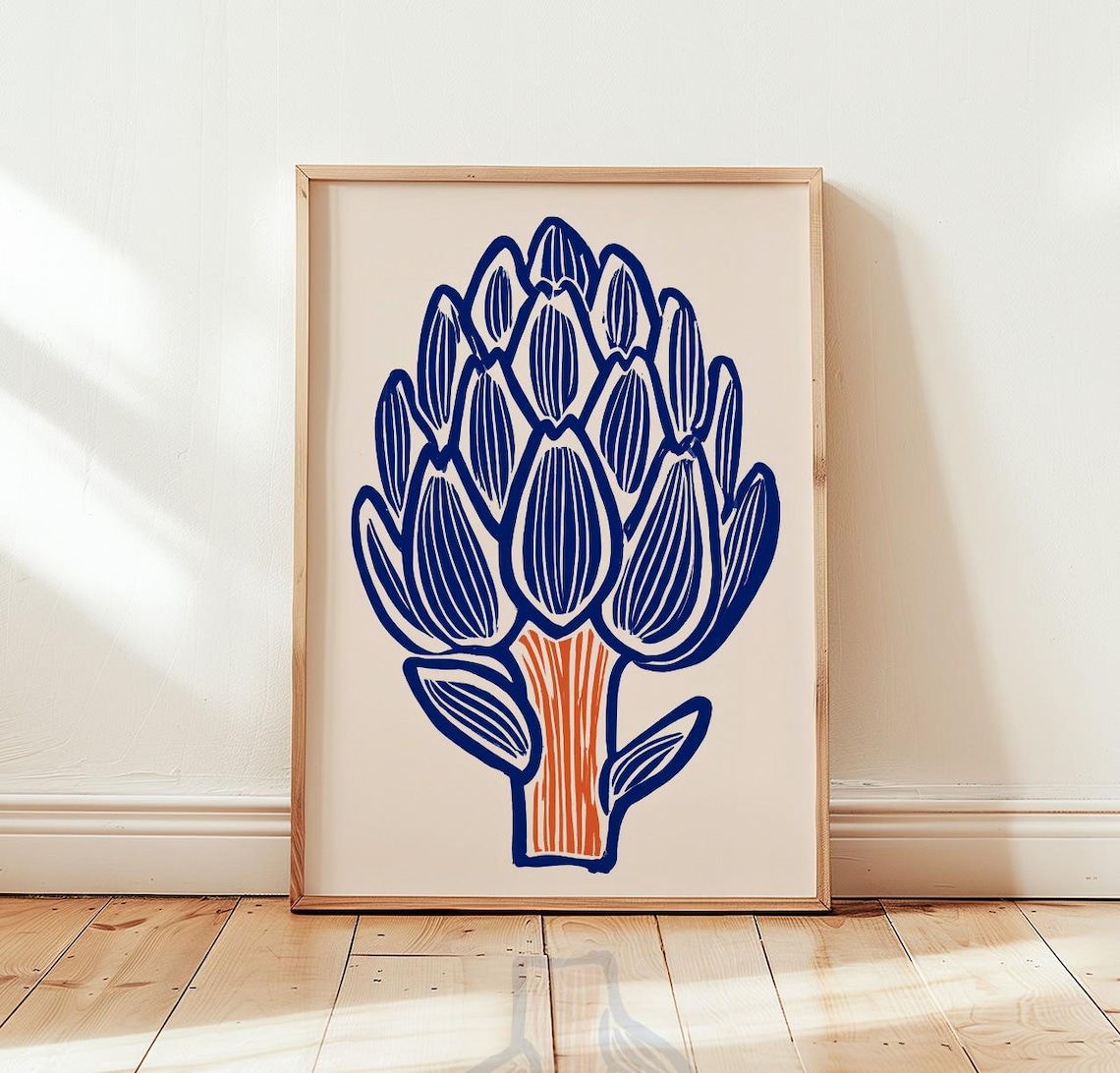 Artichoke Linocut Print, Botanical Kitchen Decor