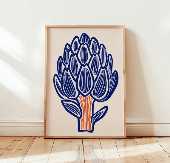 Artichoke Linocut Print, Botanical Kitchen Decor