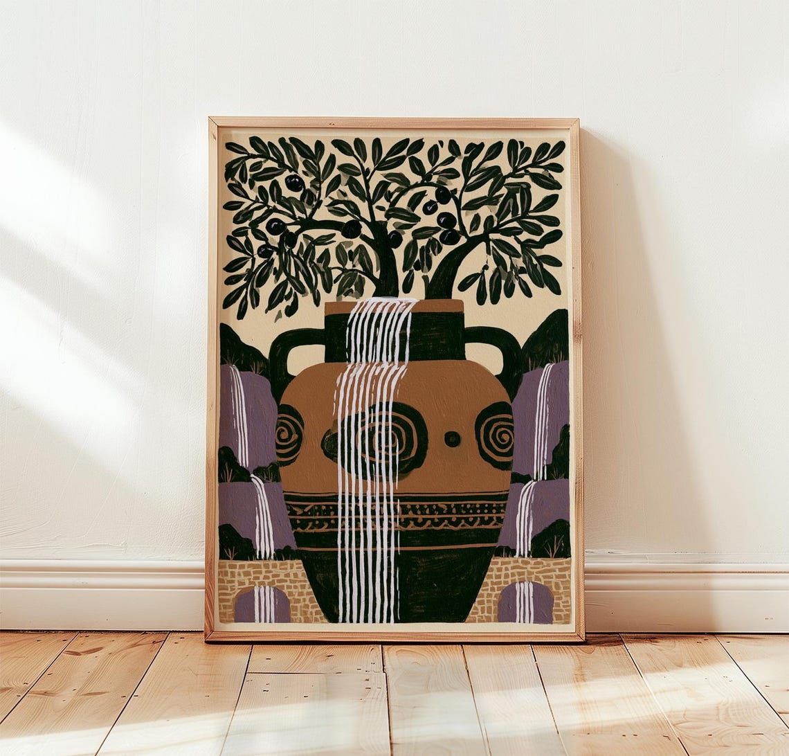 Mediterranean Olive Tree Clay Amphora Folk Landscape Art Poster