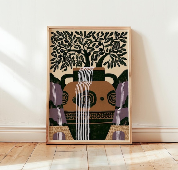Mediterranean Olive Tree Clay Amphora Folk Landscape Art Poster