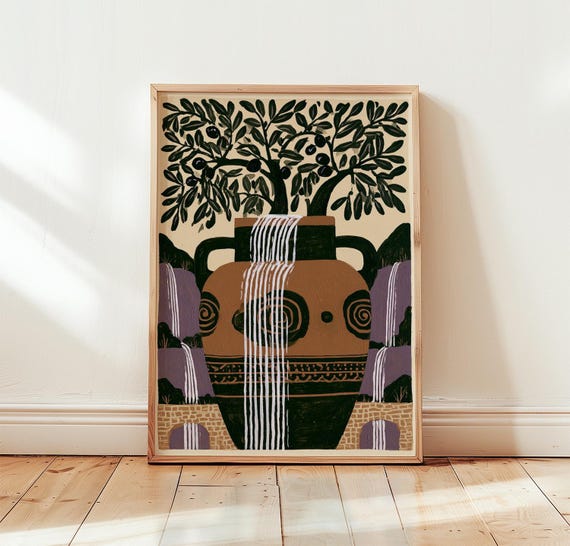 Mediterranean Olive Tree Poster Folk Landscape Art Paper Print