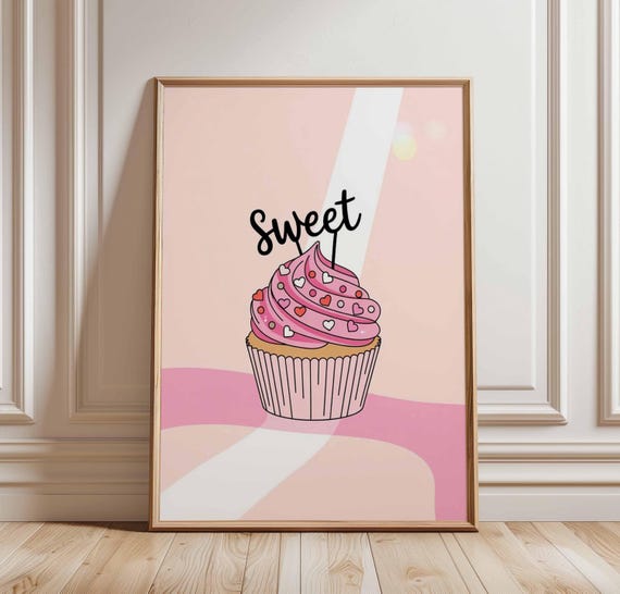 Sweet Cupcake Wall Art Poster Pink Frosted Dessert Print Cute Unframed Pop Style Kitchen Decor Fun Bakery Artwork With Hearts
