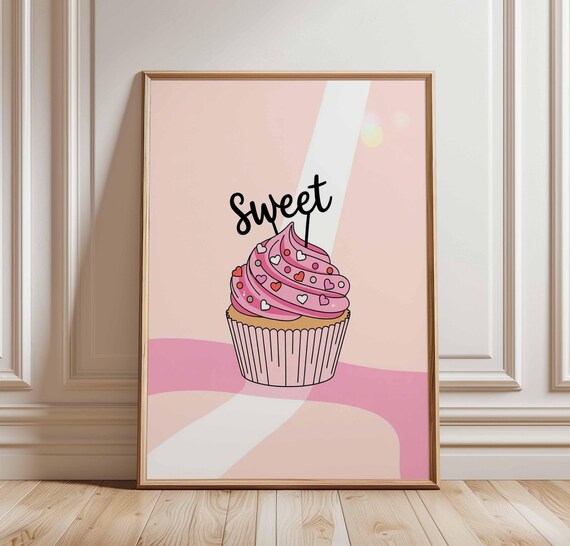 Sweet Treat Pink Cupcake Poster Frosting Hearts Bakery Pop Art Decor