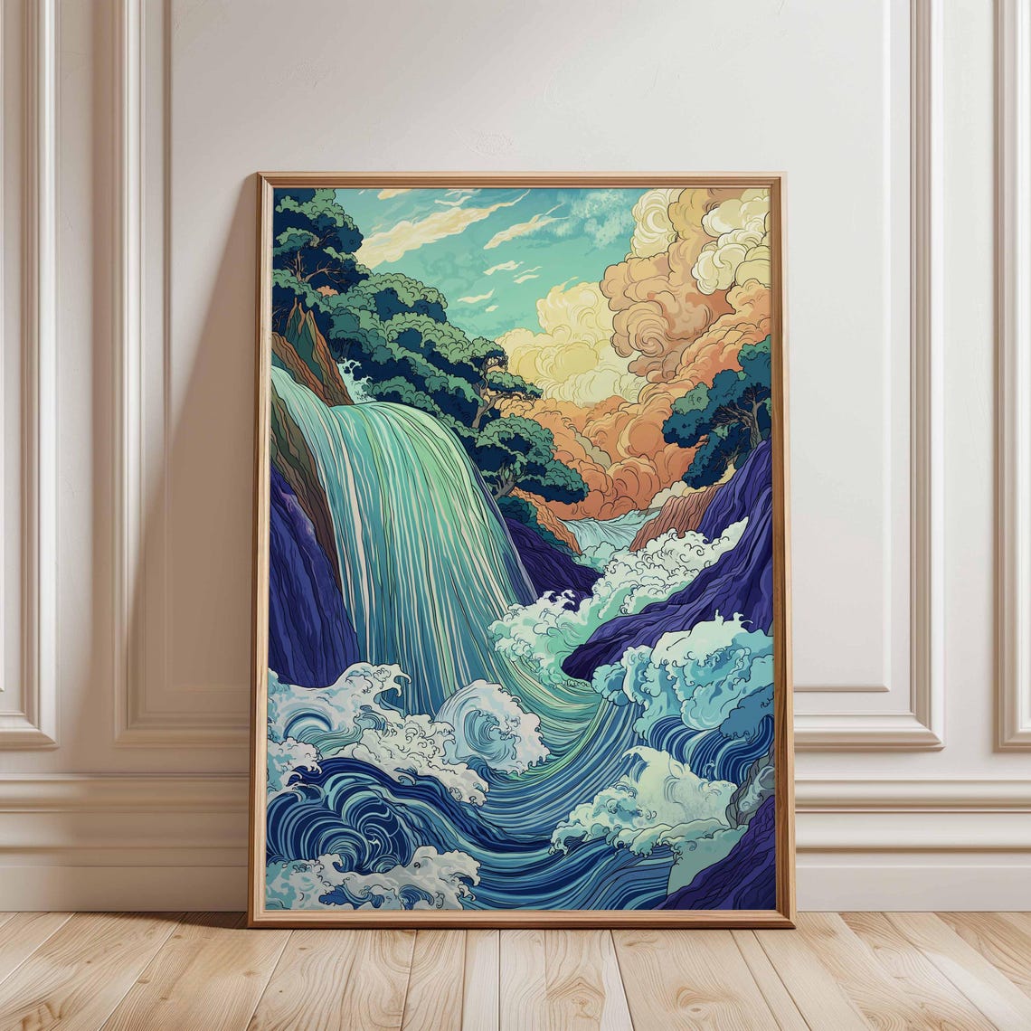 Japanese Wave Waterfall Ukiyo E Style Blue Ocean Woodblock Poster