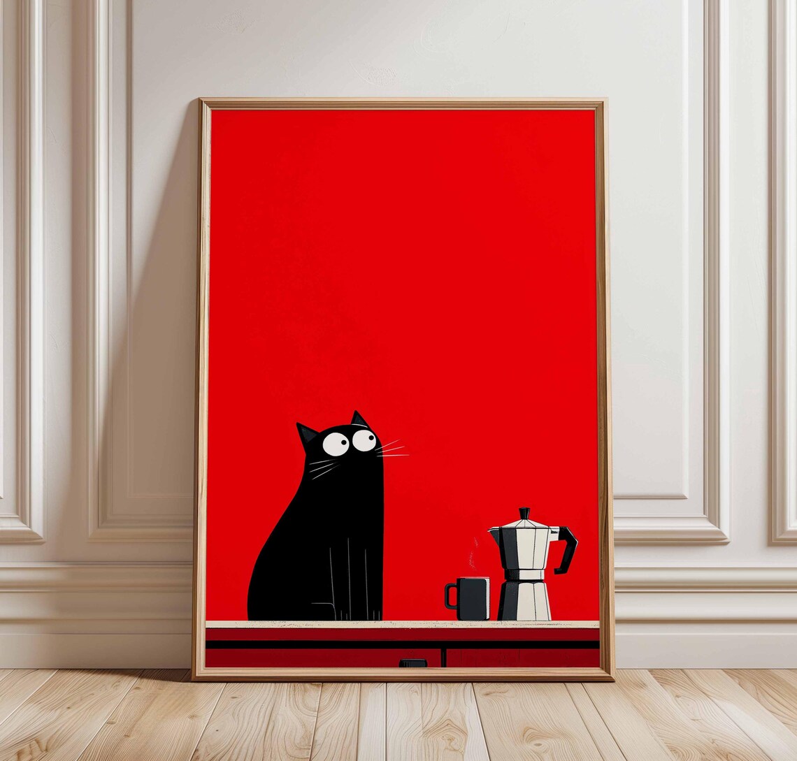 Black Cat Coffee Poster, Minimalist Kitchen Wall Art