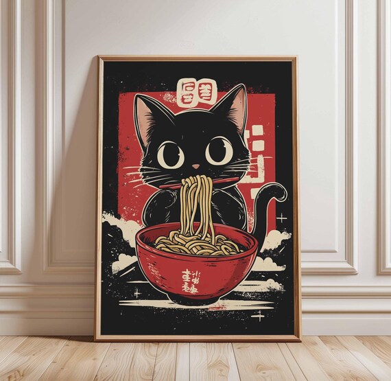 Kawaii Black Cat with Chopsticks Over Red Ramen Bowl Midnight Poster