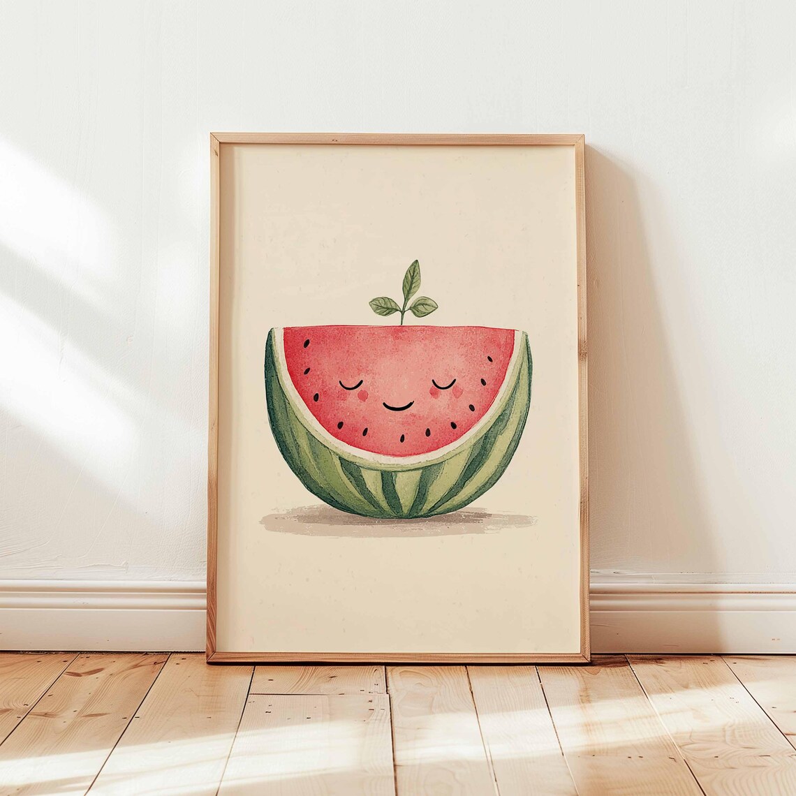Cute Kawaii Smiling Watermelon Slice Watercolor Nursery Art Print