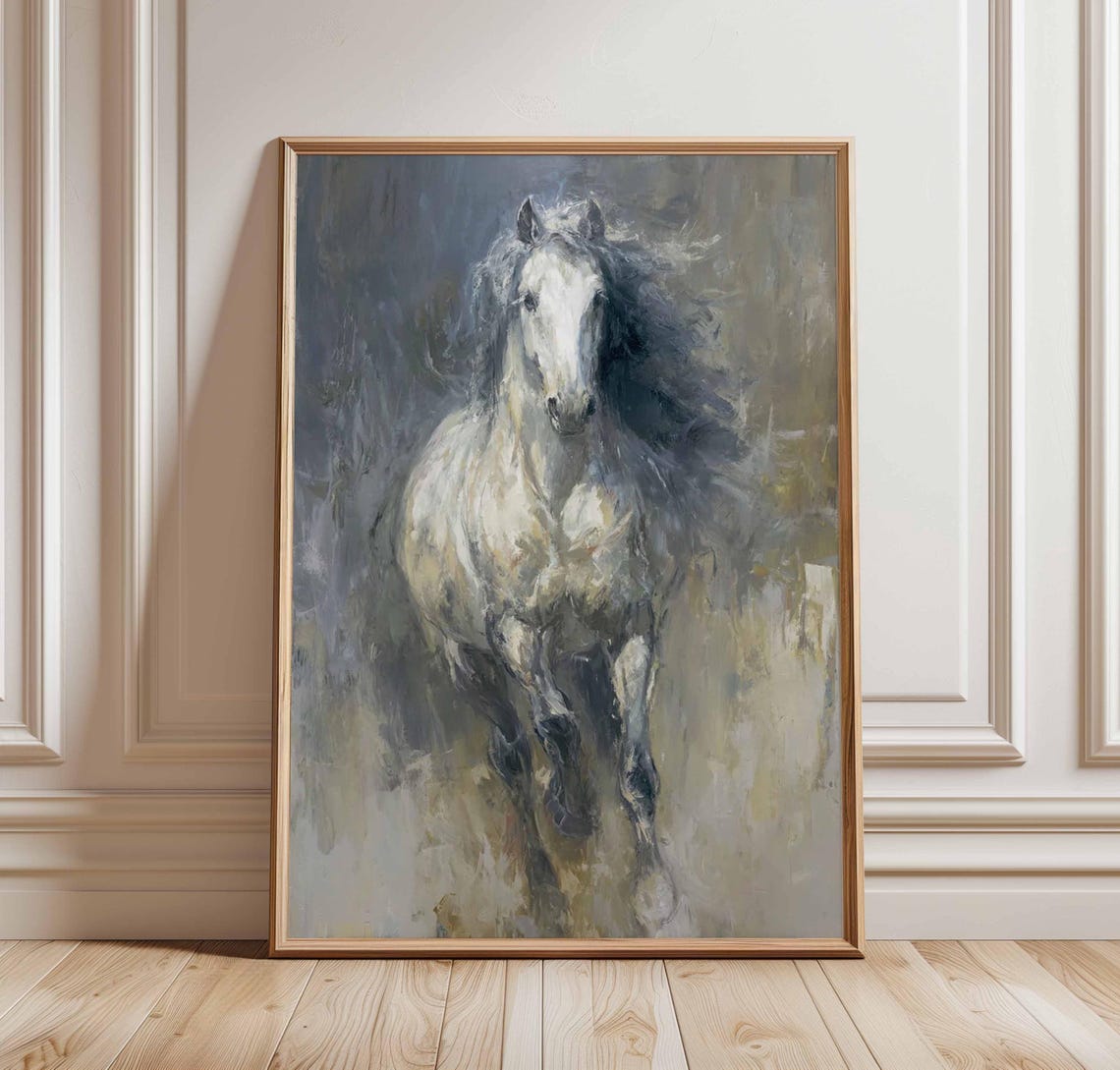 White Horse Portrait Running Through Mist Oil Painting Art Print