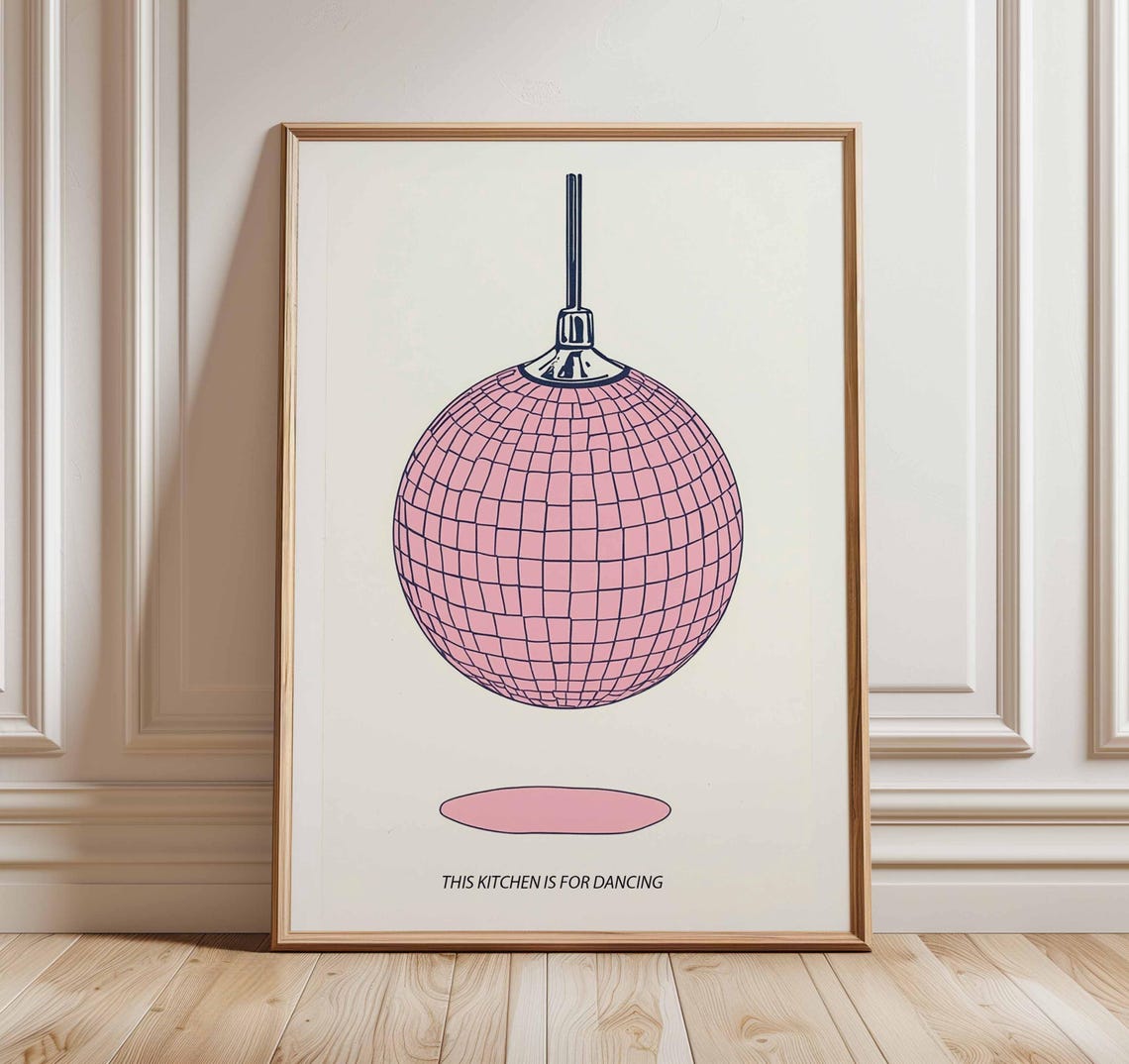 Disco Ball Poster Retro Dance Wall Art Funky Party Print Pink Pop Illustration Modern Kitchen Bar Decor Fun 80s Inspired Artwork