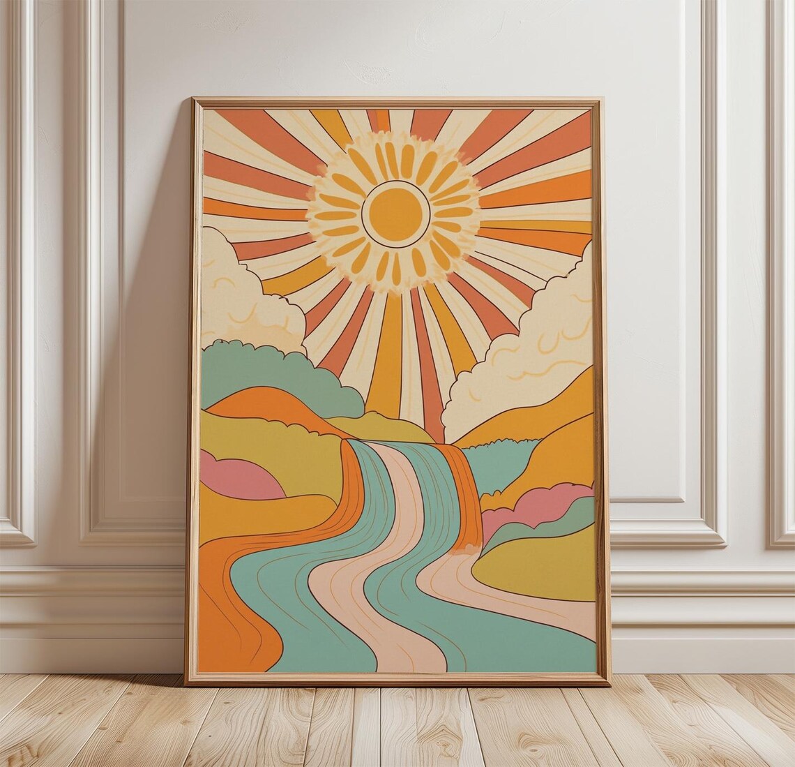 Retro Waterfall Sun Poster Print, Mid-Century Nature