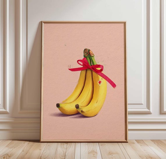 Banana Bunch Wall Art Poster Cute Fruit Print With Red Bow Fun Unframed Pop Style Kitchen Decor Whimsical Artwork For Food Lovers