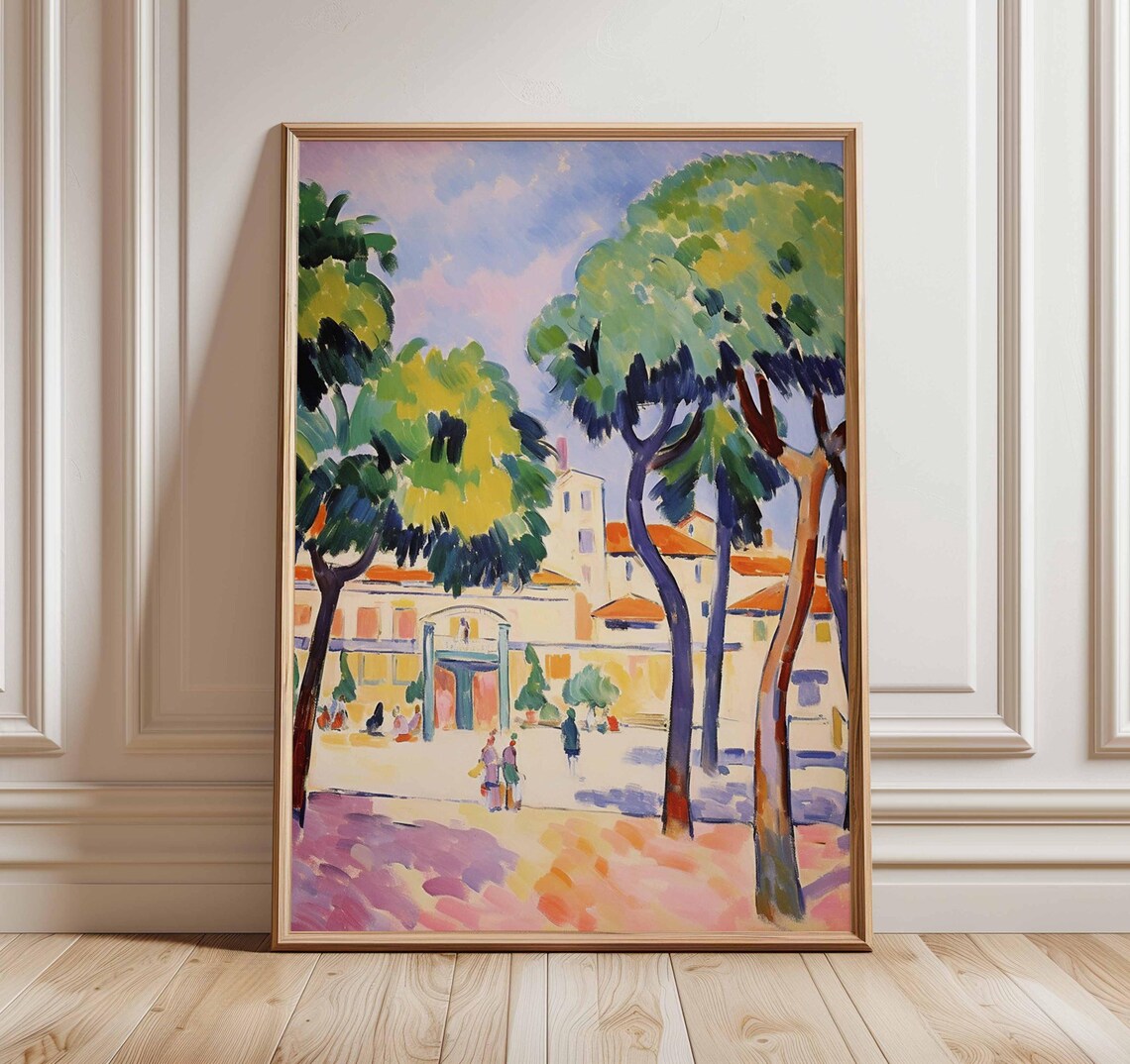 Colorful Fauvist Town Square Poster With Green Trees And Pink Plaza