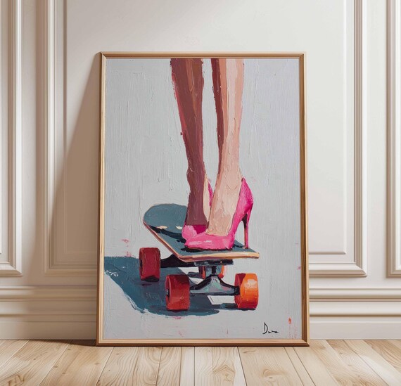 Skateboard Heels Pink High Heels Bold Fashion Oil Painting Poster