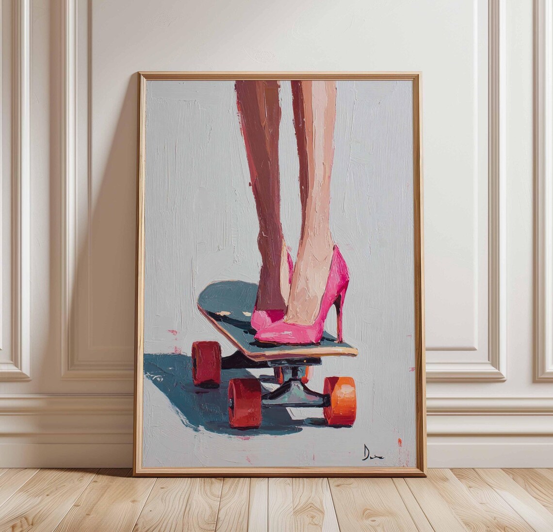 Skateboard Heels Pink High Heels Bold Fashion Oil Painting Poster