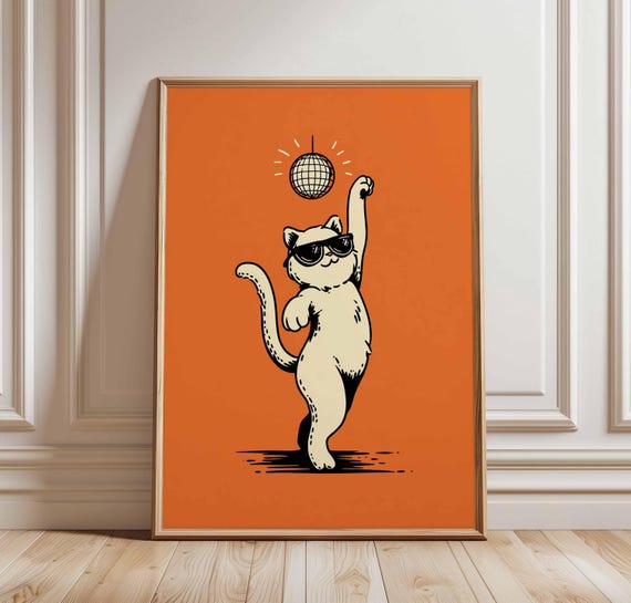 Disco Cat Poster Funky Dancing Wall Art Retro Funny Print Cool Kitty For Lovers
