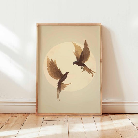 Minimalist Bird Wall Art Print Two Swallows Poster Design Beige Neutral Unframed Decor Japandi Style Flying Birds Illustration