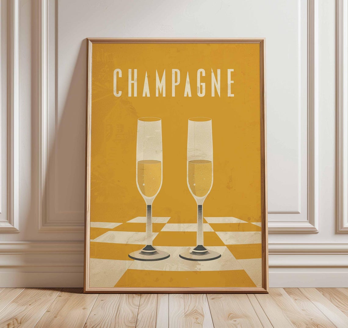 Champagne Retro Poster Two Coupe Glasses Mustard Yellow Party Art