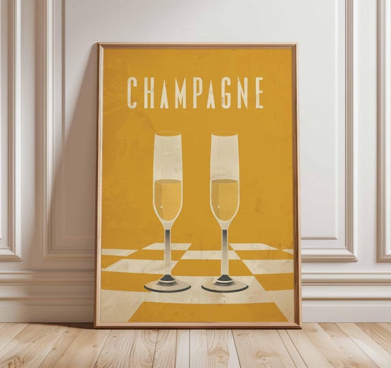 Champagne Poster Retro Glasses Wall Art Celebration Party Print Wedding Anniversary Gift Cocktail Bar Decor Festive Artwork