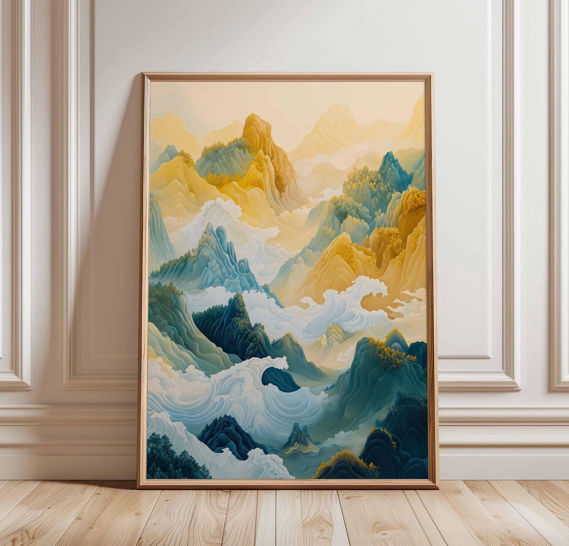 Abstract Golden Mountain Poster Asian Peaks Flowing Clouds Art