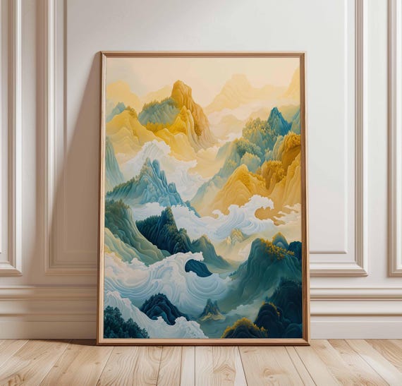Abstract Mountain Landscape Poster Flowing Clouds And Golden Peaks Tranquil Nature Art Modern Wall Decor Serene