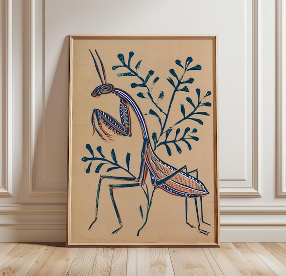 Praying Mantis Folk Art, Insect Poster Print