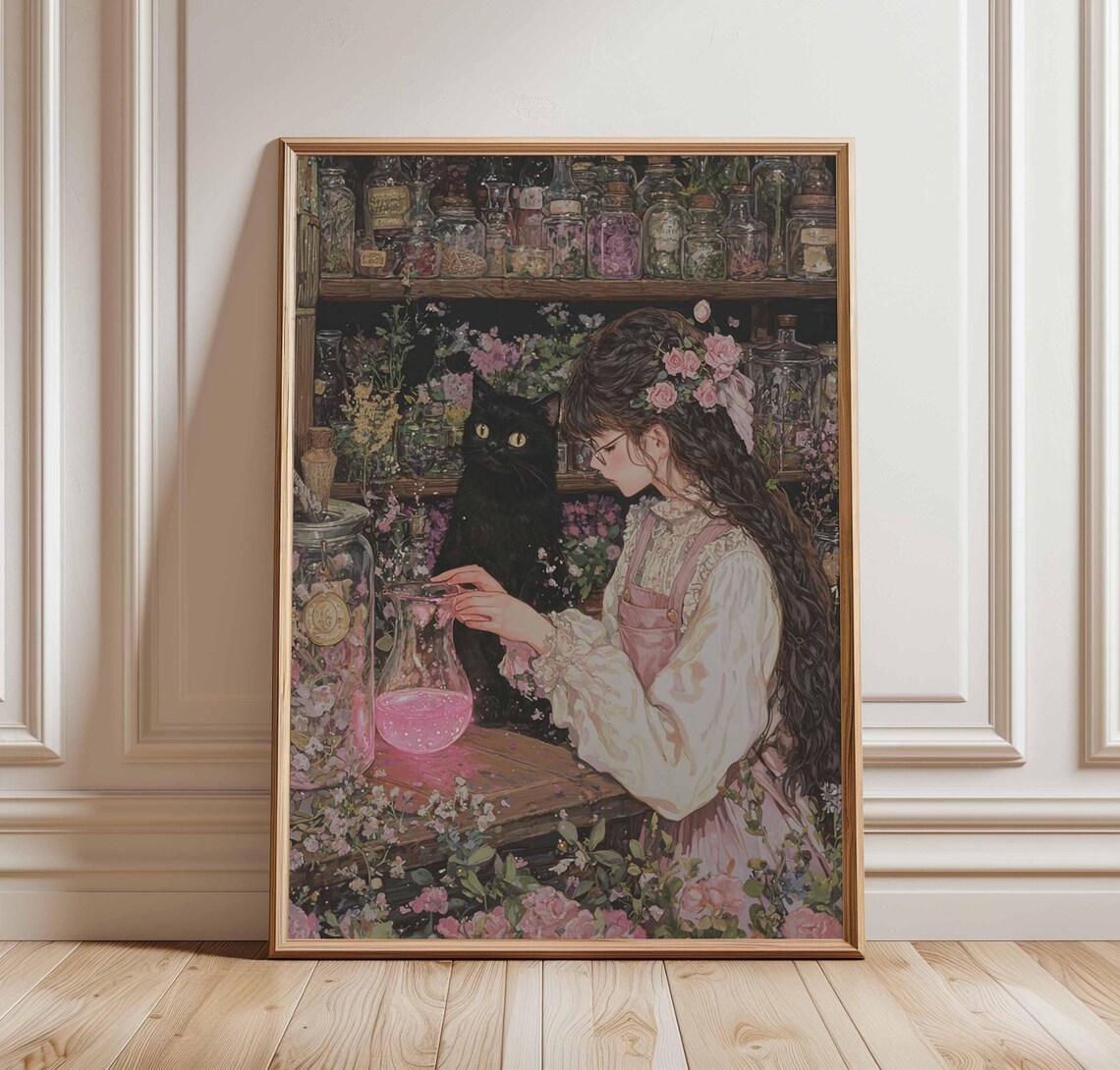 Witch Girl Brewing Pink Potion With Black Cat Fantasy Floral Poster