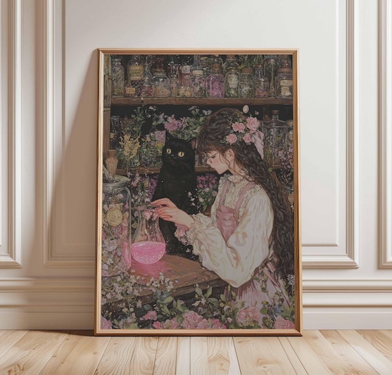 Witch Girl Brewing Pink Potion With Black Cat Fantasy Floral Poster