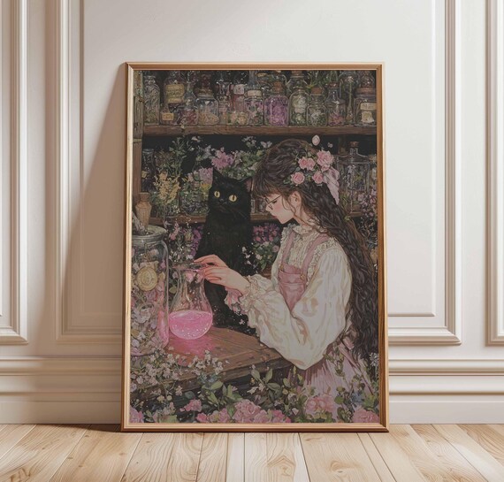 Witch Poster Art Magical Potion Print Black Cat Wall Fantasy Vintage Style Spellbinding Flower Decor