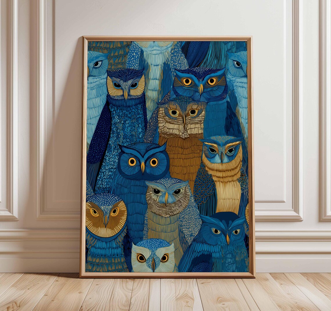 Blue Gold Owl Parliament Colorful Modern Animal Illustration Poster