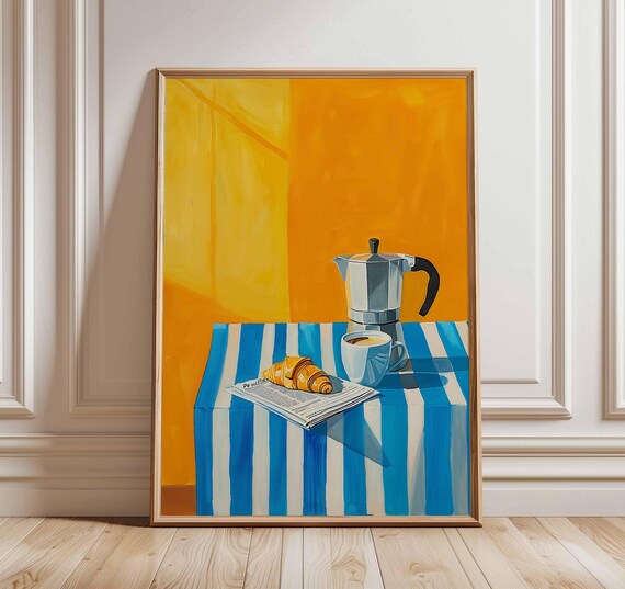 French Moka Pot Coffee Cup Croissant Colorful Still Life Kitchen Poster
