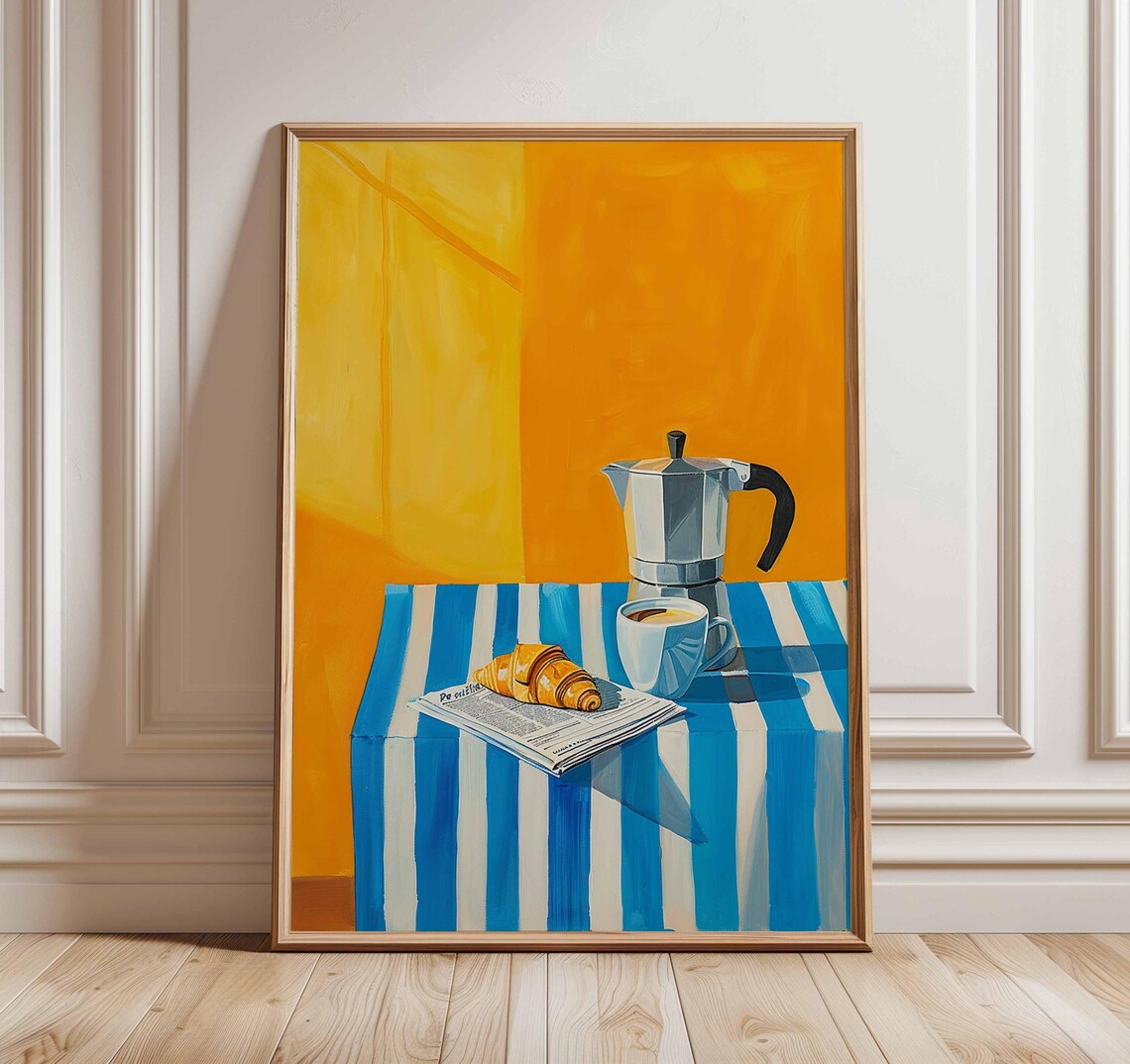 French Moka Pot Coffee Cup Croissant Colorful Still Life Kitchen Poster