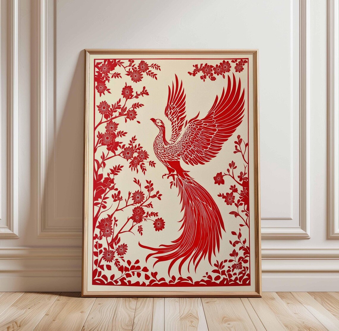 Red Phoenix Bird Floral Chinese Paper Cut Art Print