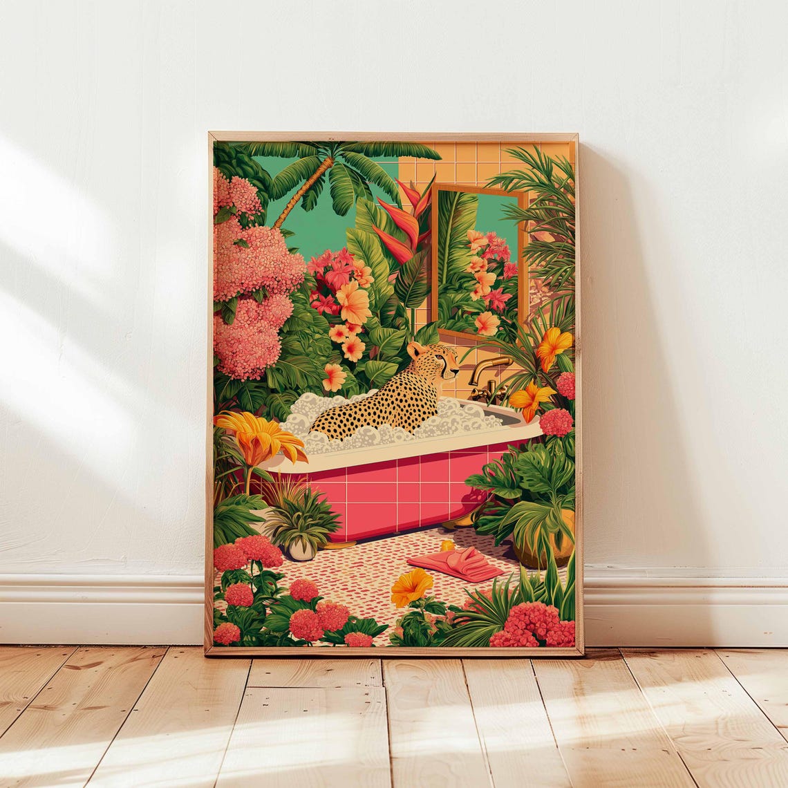 Cheetah Bubble Bath Tropical Floral Whimsical Bathroom Art Poster