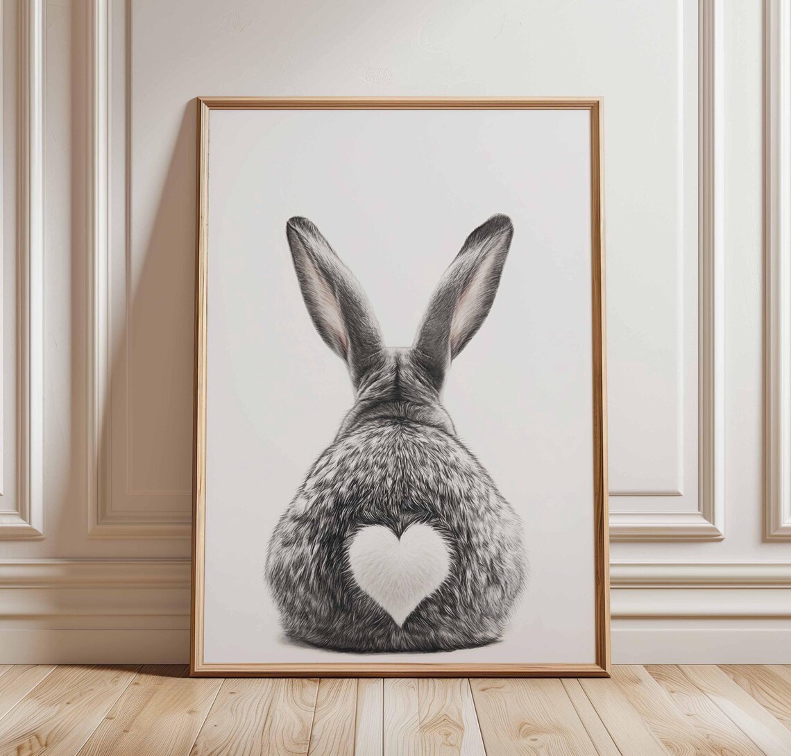 Bunny Poster Cute Rabbit Wall Art Black And White Animal Print With Heart Nursery Decor Butt Illustration Gift